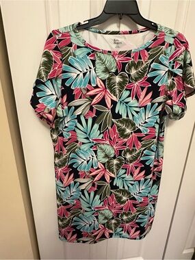 Kim Rogers Navy Tropical Leaf Dress with Teal & Pink Accents